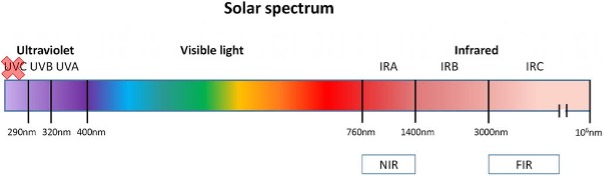 Light spectrum showing UV, visible, and Infrared light.