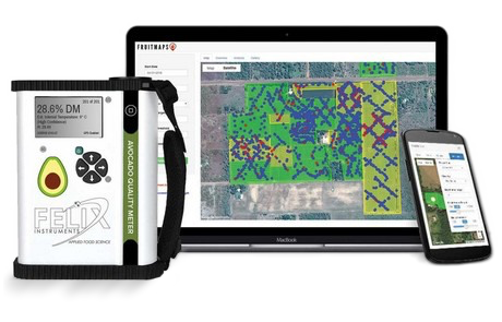 Image of the F-751 device and the Fruitmaps app on a laptop and smartphone